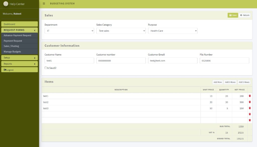 Budgeting System sales posting form